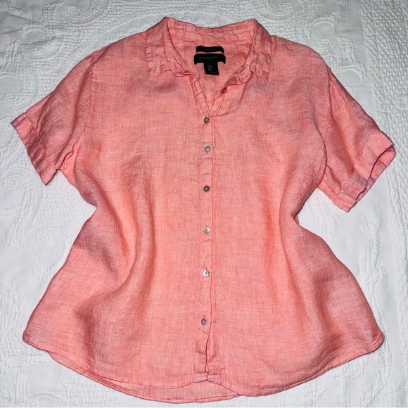 Tahari 100% Linen Top Women’s S Peach / Coral /  Pink Short Sleeve Button Up - Picture 1 of 11